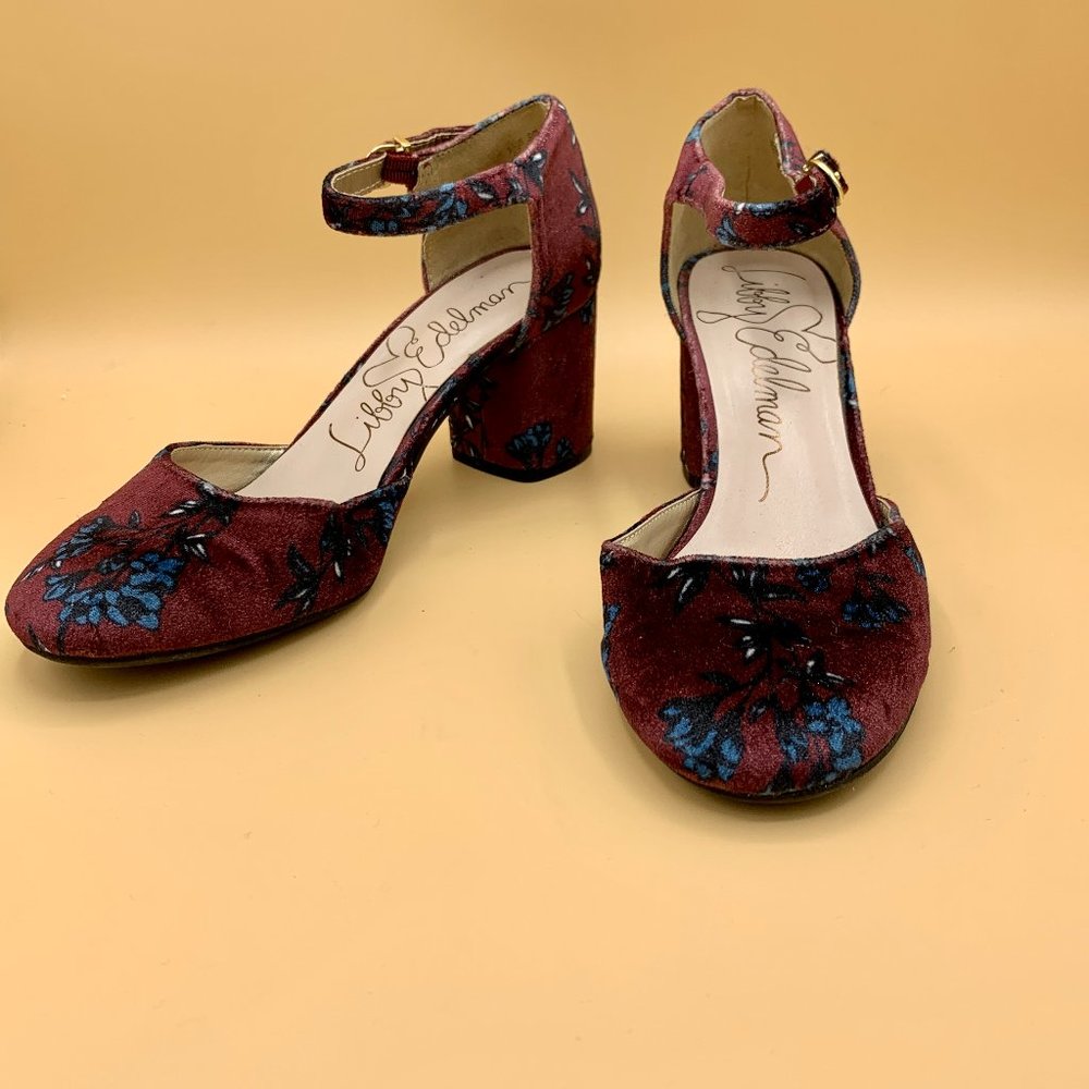 Libby Edleman Suede like Foral Heeled Ankle Strap Shoes
